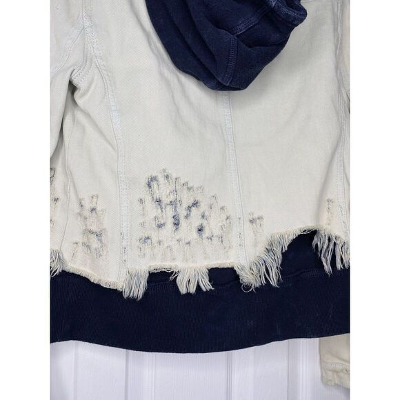 Free People Women's Double Weave Denim Jacket Very Distressed‎ Navy White XS New - Picture 8 of 9